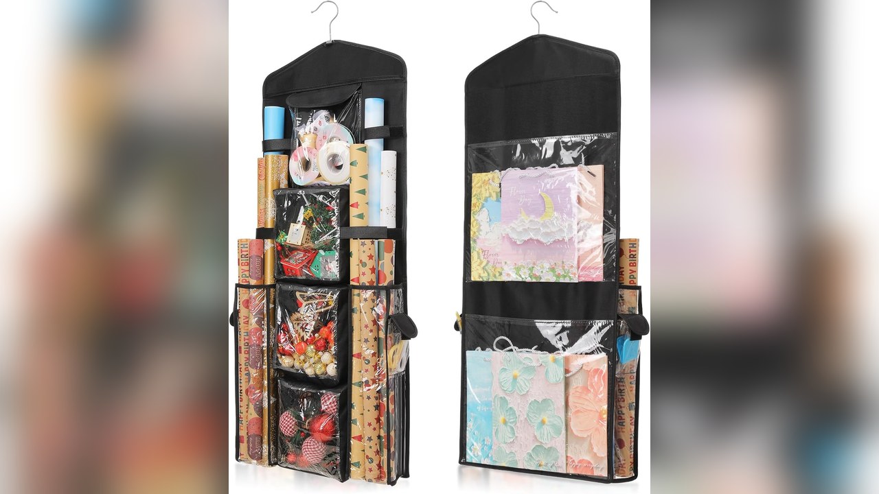 Black double-sided hanging wrapping paper organizer with pockets holding rolls, gift bags and supplies, front and back